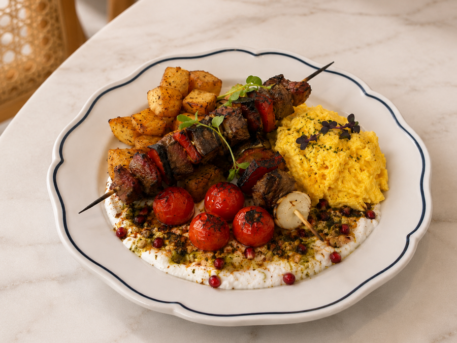 LAMB SKEWERS & EGGS